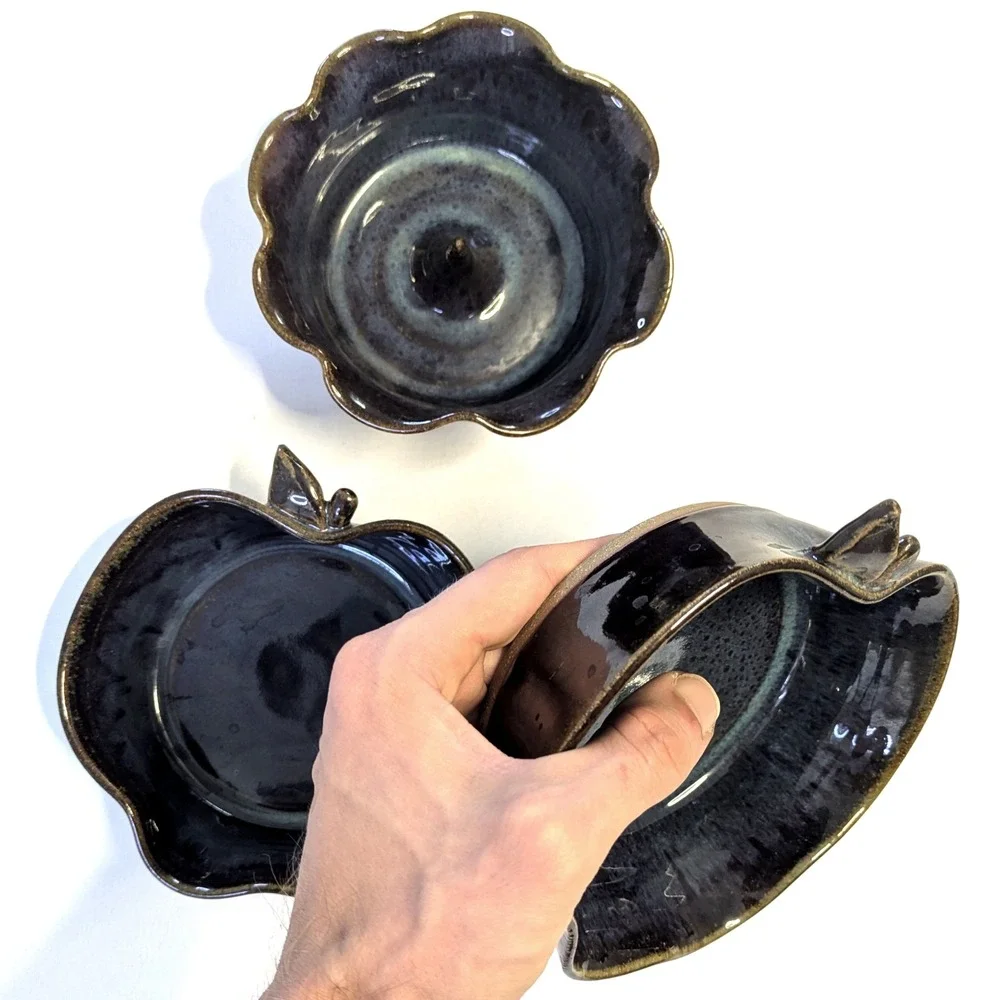 Sandra O'Quinn Studio Pottery Set 3 Apple Bowls & Baker Midnight Glaze Signed